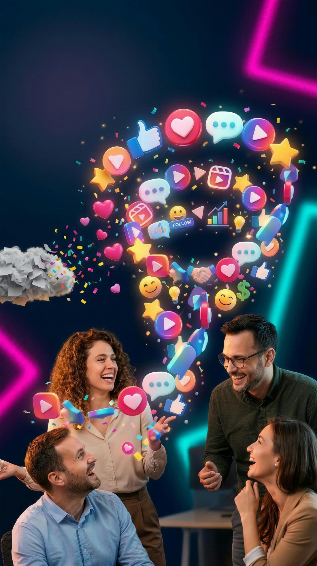 Ein Team schaut begeistert auf einen leuchtenden Wirbel aus Social-Media-Symbolen