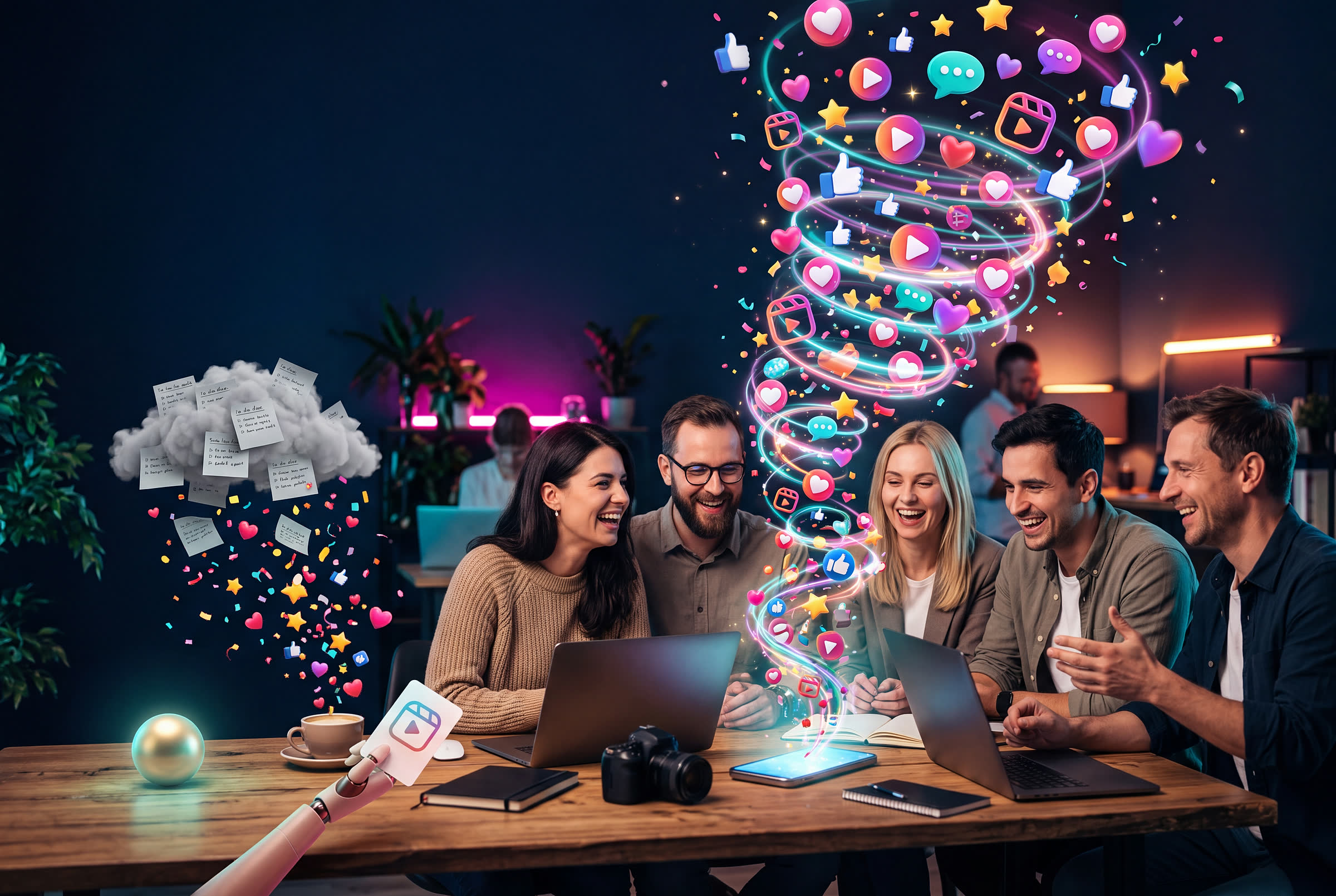 Aus einem Tablet auf dem Besprechungstisch steigt eine leuchtende Spirale aus Social-Media-Symbolen auf, das Team schaut begeistert zu
